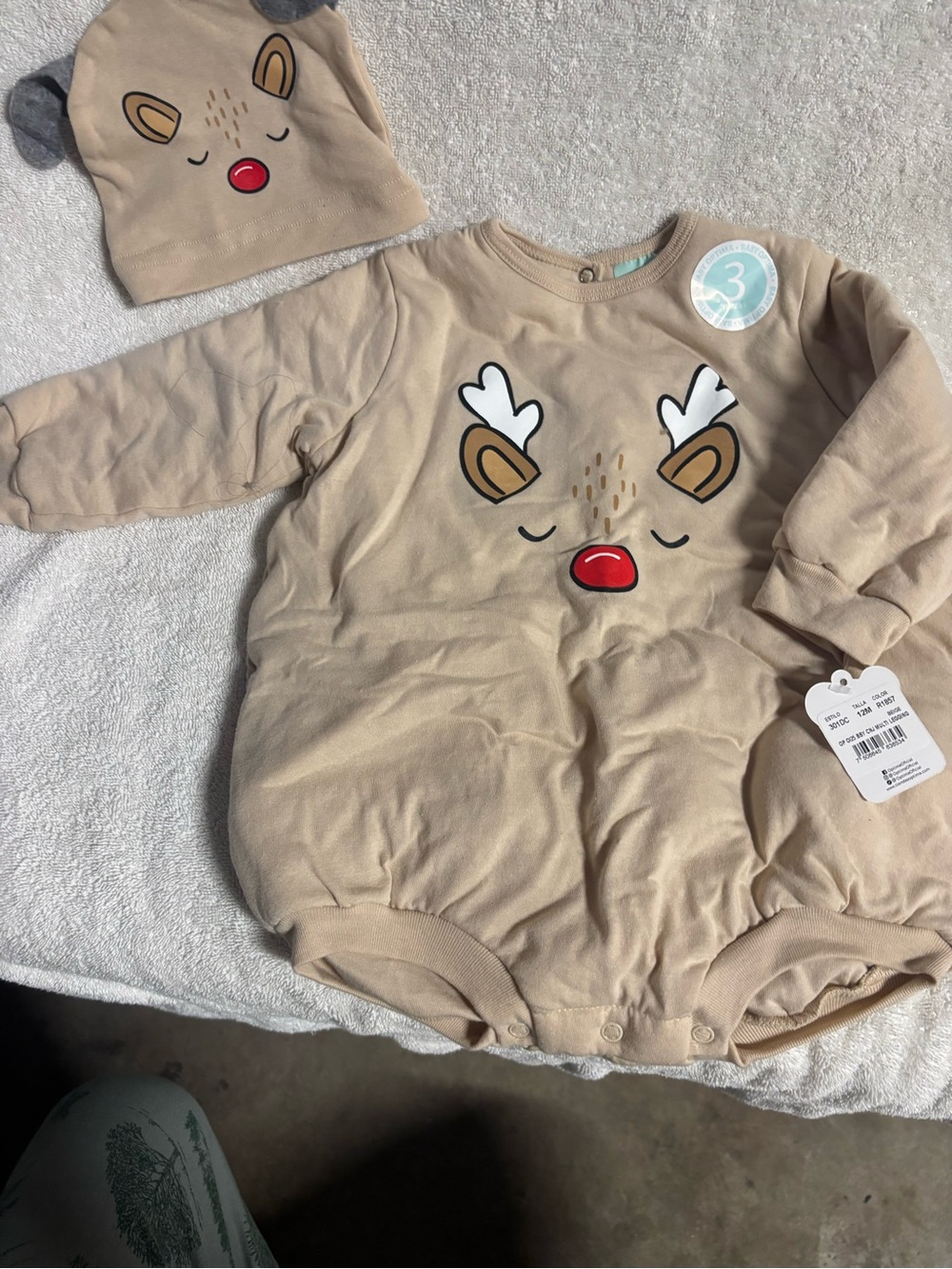 Beige Reindeer Print Baby Bodysuit with Matching Hat